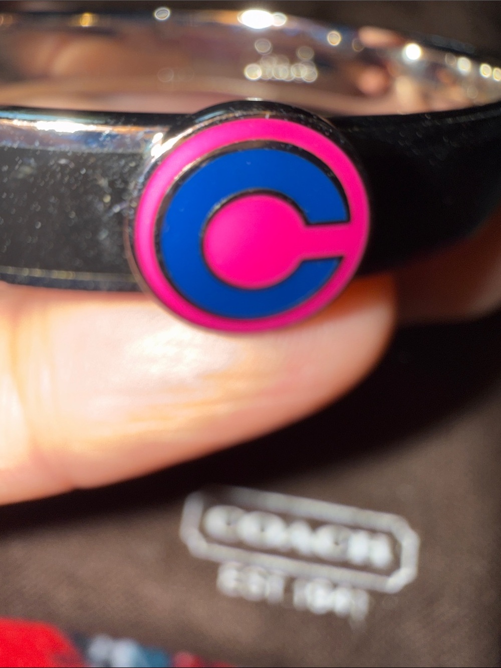 COACH 1941 Silver-Tone C Logo Hinge Cuff Bracelet with Pink & Blue Enamel - Picture 4 of 6